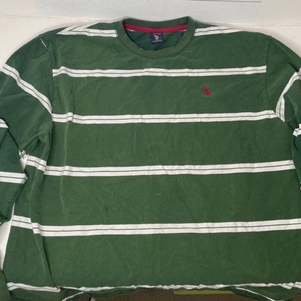 US Polo Assn Mens Crewneck Long Sleeve Shirt Green White Striped Size XL